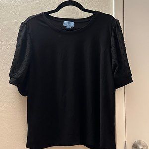 Women's Short Puff-Sleeve Mixed Media Knit Top